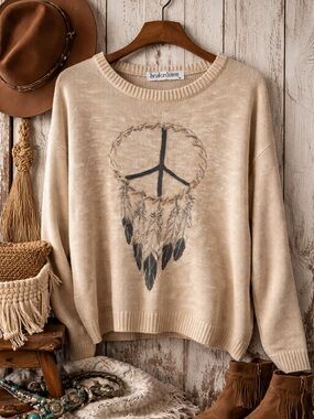 Boho Dreamcatcher Sweater Neutral Knit Western Boho Festival Top M